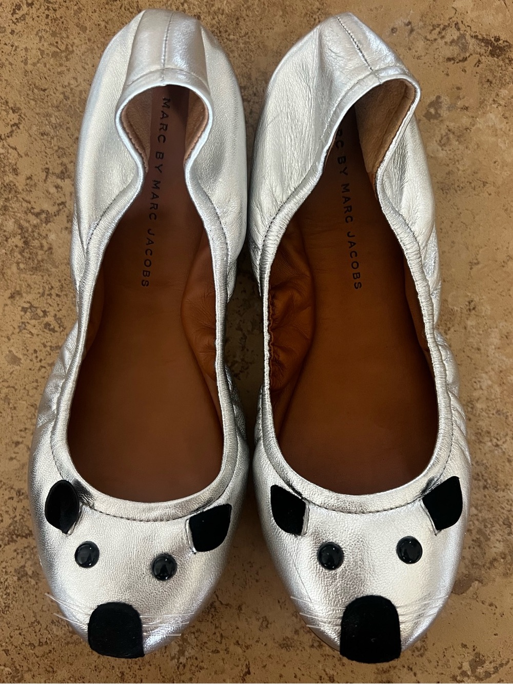 Marc by Marc Jacobs Silver Ballet Flats with Black Panda Accents